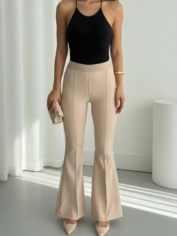 Bej Beli Lastikli İspanyol Paça Çimalı Pantolon