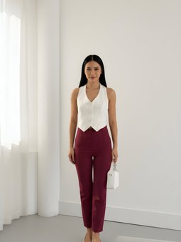 Bordo Yüksek Bel Dar Paça Bilek Boy Cep Detaylı Kumaş Pantolon