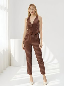 Kahverenk Çizgili Kumaş Yüksek Bel Bilek Boy Cep Detaylı Pantolon