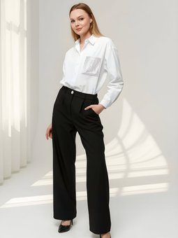 Siyah Klasik Geniş Paça Palazzo Cepli Kumaş Pantolon