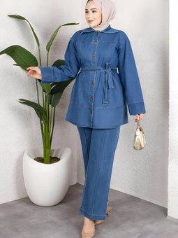 Açık Mavi Rahat Kesim Kuşaklı Düğmeli Denim İkili Takım