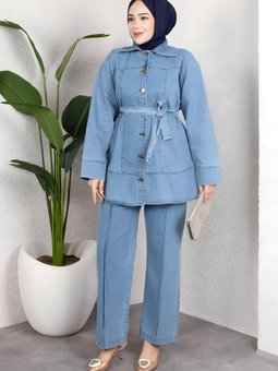 Buz Mavi Denim Rahat Kesim Kuşaklı Düğmeli İkili Takım