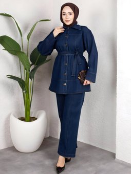 Koyu Mavi Denim Rahat Kesim Kuşaklı Düğmeli İkili Takım