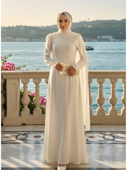 Beyaz Saten Pelerinli Abiye Elbise