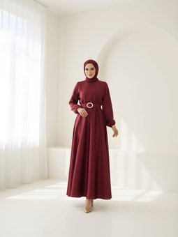Bordo Mevlana Kloş Saten Abiye Elbise