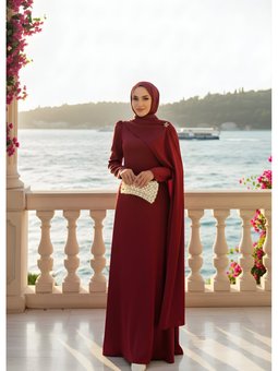 Bordo Pelerinli Saten Abiye Elbise