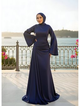 Lacivert Kuyruklu Drape Detaylı Saten Abiye Elbise