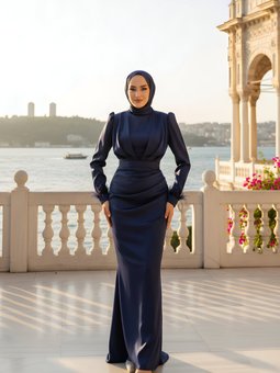 Lacivert Saten Kolları Püsküllü Abiye Elbise