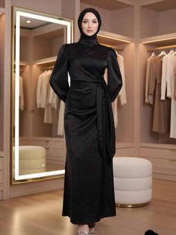 Siyah Saten Yandan Bağlamalı Pile Detaylı Abiye Elbise