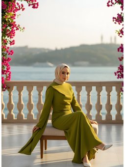 Yağ Yeşili Drapeli Kuyruk Detaylı Abiye Elbise