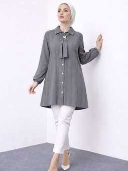 Kravat Detaylı Düğmeli Salaş Gri Gömlek