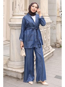 Beli Bağcıklı Koyu Mavi Kot Takım