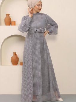 Gri İnci Detaylı Tül Abiye Elbise