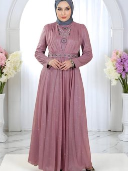 Gül Kurusu Simli Şifon Göğsü Drapeli Taş Detaylı Abiye Elbise