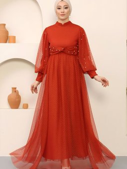 Kiremit İnci Detaylı Tül Abiye Elbise