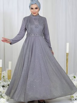 Lila Simli Şifon Göğsü Drapeli Taş Detaylı Abiye Elbise