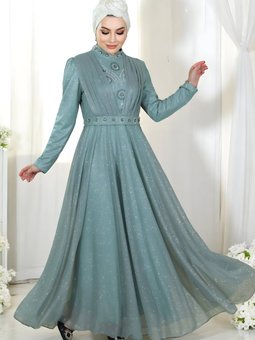 Mint Simli Göğsü Drapeli Taş Detaylı Abiye Elbise