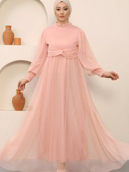 Pudra Tül İnci Detaylı Abiye Elbise