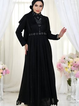 Siyah Simli Şifon Taş Detaylı Göğsü Drapeli Abiye Elbise