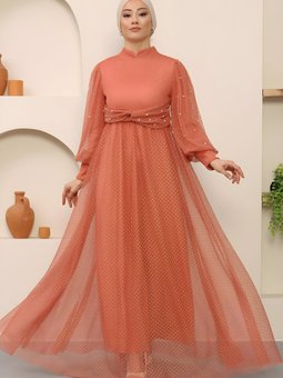 Somon İnci Detaylı Tül Abiye Elbise