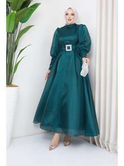 Balon Kollu Organze Abiye Elbise Zümrüt Yeşili