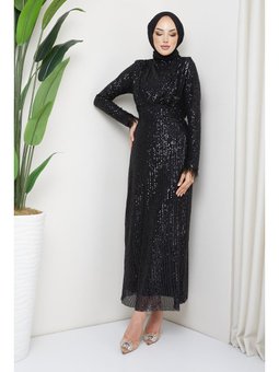 Manşeti Tüy Detaylı, Payetli Abiye Elbise Siyah