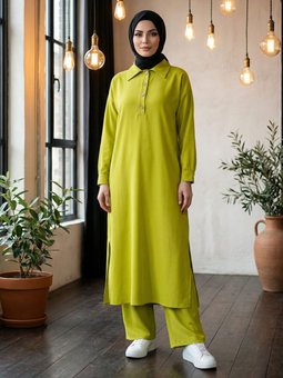 Gömlek Yakalı Pantolonlu İthal Aerobin Elma Yeşil Takım