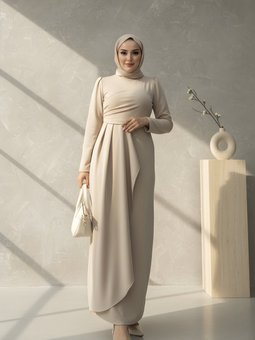 Bej Scuba Özel Tasarım Elbise