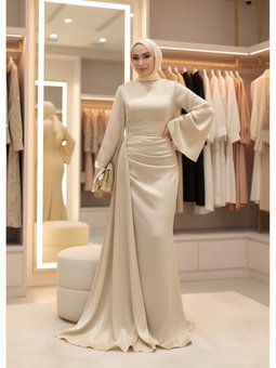Ekru Kuyruklu Saten İspanyol Kol Abiye Elbise