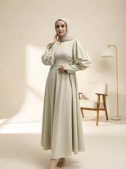 Krem Balon Kol Belden İp Detaylı Elbise