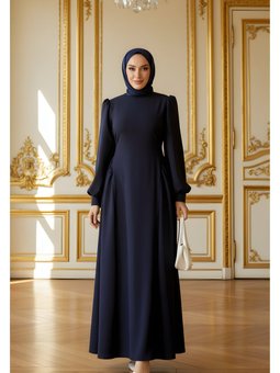 Lacivert Kuyruklu Balon Kol Abiye Elbise