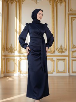 Lacivert Saten Yandan Bağlamalı Pile Detaylı Abiye Elbise