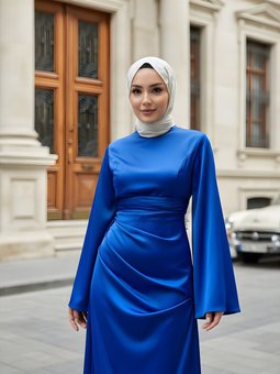 Mavi Saten İspanyol Kol Kuyruklu Abiye Elbise