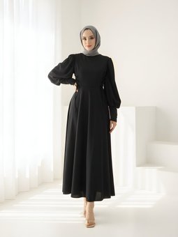 Siyah Balon Kol Belden İp Detaylı Elbise