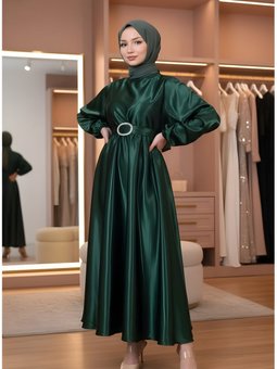 Zümrüt Yeşili Mevlana Saten Abiye Elbise