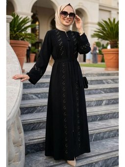 Boncuk Detaylı Siyah Abaya 26104s