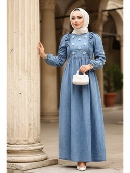 Çiçek Desenli Koyu Mavi Kot Elbise 19145km