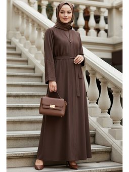 Çizgi Taşlı Fermuarlı Vizon Abaya 29133v