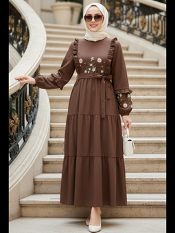 Desenli Kahverengi Elbise 10327kh
