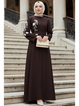 Desenli Koyu Kahverengi Abaya 60052kkh