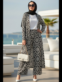 Desenli Siyah İkili Kimono Takım 12889s