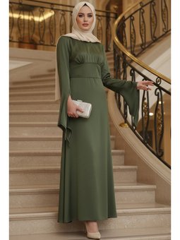 İspanyol Kol Haki Saten Abiye Elbise 6258hk