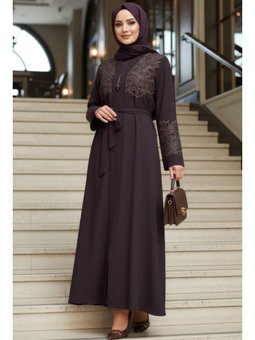 Nakış Detaylı Kemerli Füme Abaya 29138fu