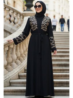Nakış Detaylı Kemerli Siyah Bej Abaya 29138sbej