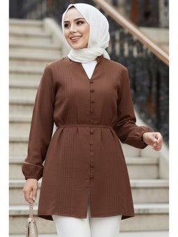 Pile Detaylı Kahverengi Tunik 20299kh