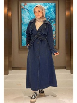 Denim Allerli Trençkot Koyu Mavi