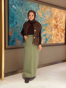 Denim Klasik Etek Haki