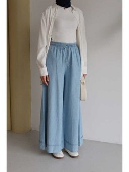 Denim Lastikli Bol Paça Pantolon Mavi