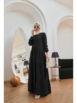 Parça Boya Tensel Britli Düğmeli Büzgülü Elbise Siyah