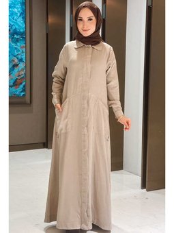 Parça Boya Tensel Düğmeli Ferace Bej